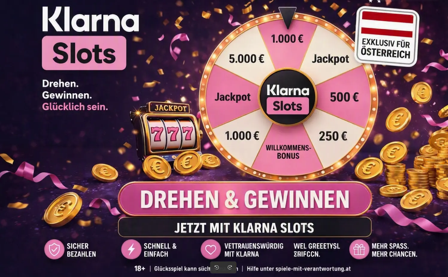Klarna Slots Willkommensbonus mit Glücksrad, exklusiv für Österreich